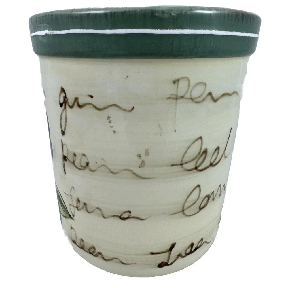 Style-Eyes By Baum Bros Utensil Crock Grape Writing  Ivory Blue Green Word Art